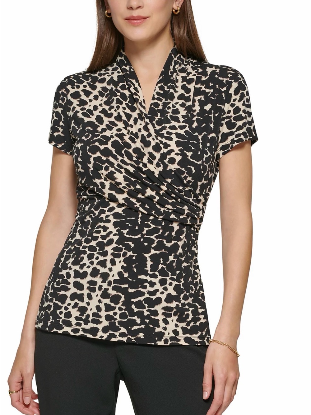 Calvin Klein Black and Cream Animal Print Draped Wrap Blouse
